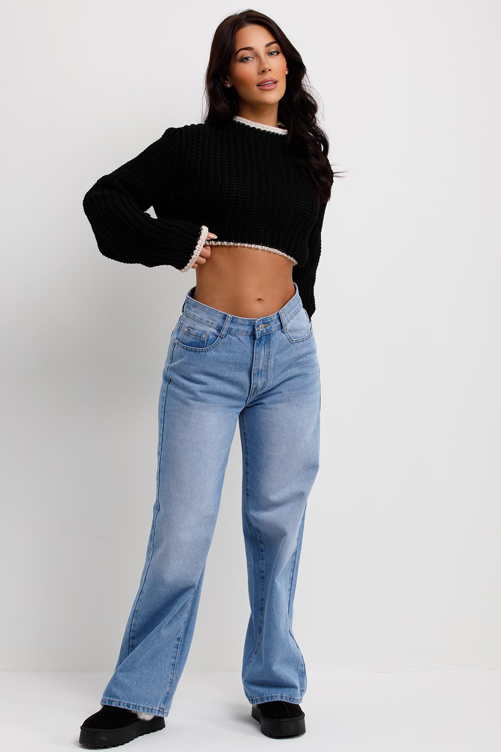Black Long Sleeve Knitted Cropped Jumper | Xtralitty