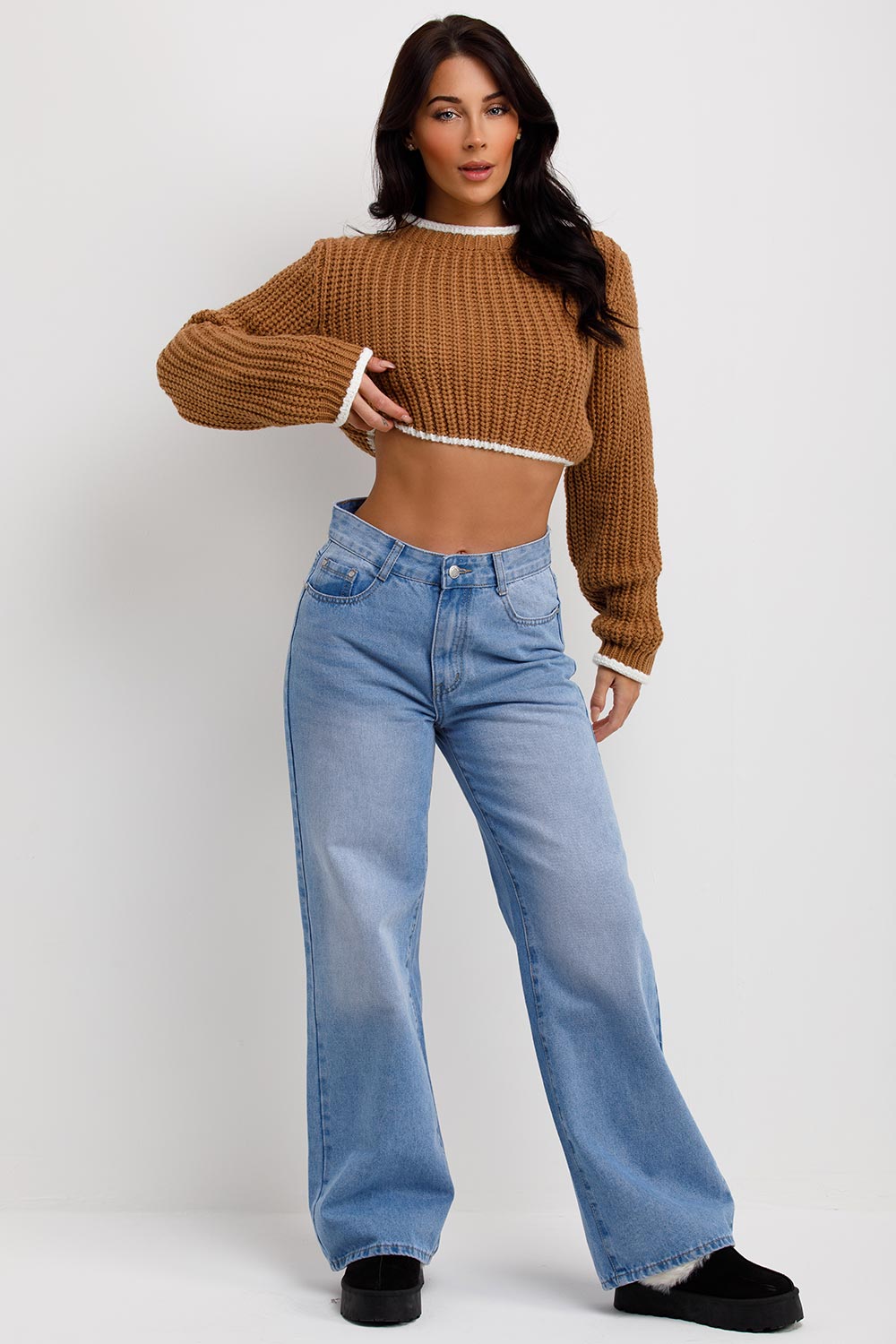 Brown Long Sleeve Knitted Cropped Jumper | Xtralitty