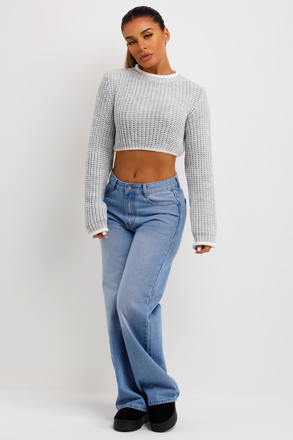 Grey Long Sleeve Knitted Cropped Jumper | Xtralitty
