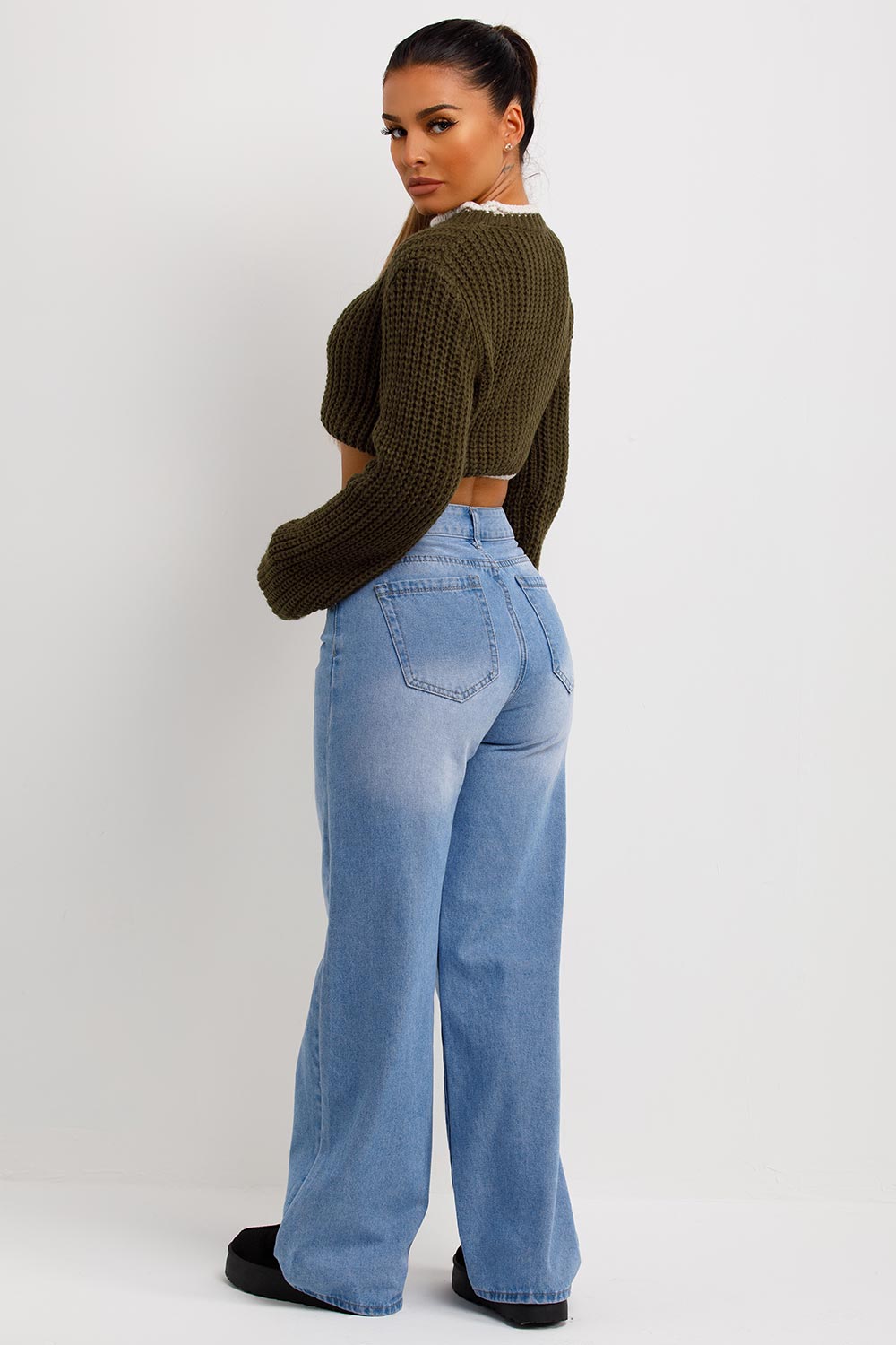 Khaki Long Sleeve Knitted Cropped Jumper | Xtralitty