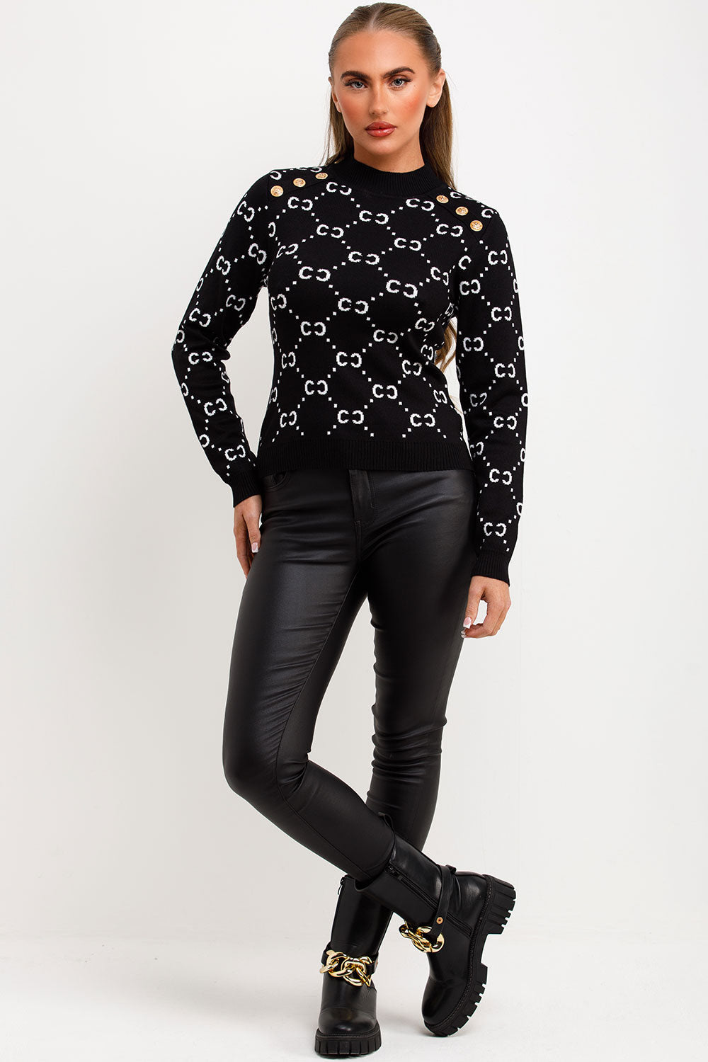 Black Knitted Jumper with Gold Button Cc Print | Xtralitty