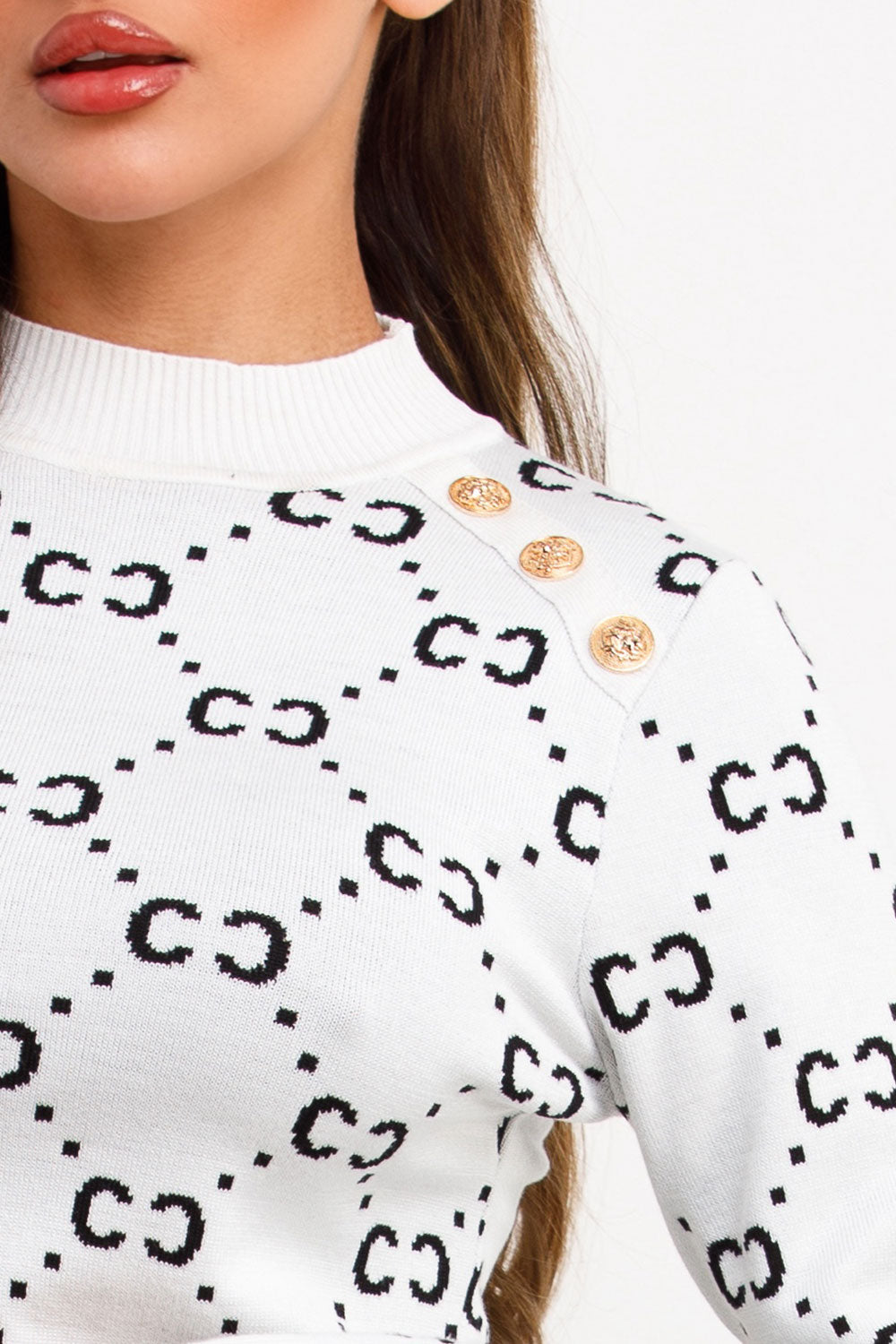 White Knitted Jumper with Gold Button Cc Print | Xtralitty