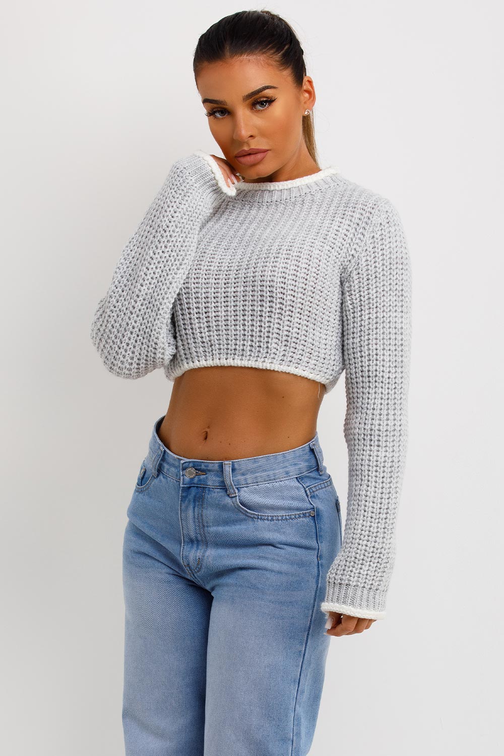 Grey Long Sleeve Knitted Cropped Jumper | Xtralitty
