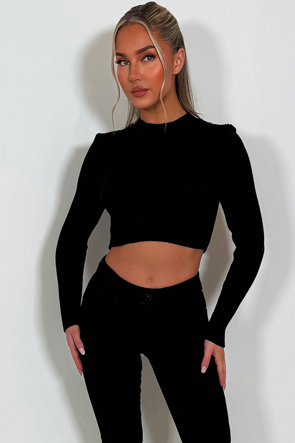 Crop Knitted Jumper with Long Sleeves Black | Xtralitty