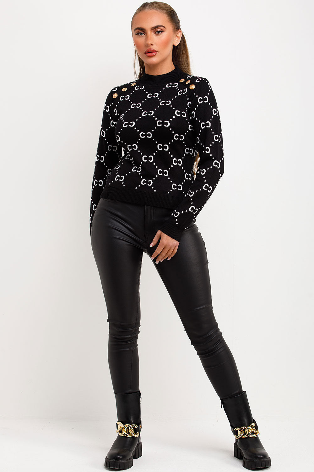 Black Knitted Jumper with Gold Button Cc Print | Xtralitty