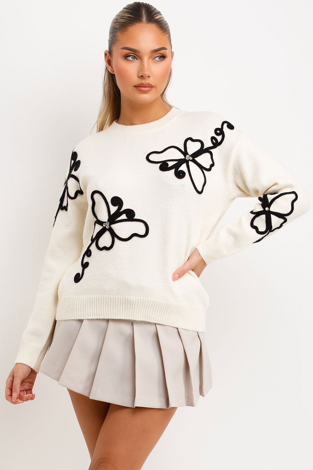 Knitted Jumper with Diamanties Butterfly Embroid | Xtralitty