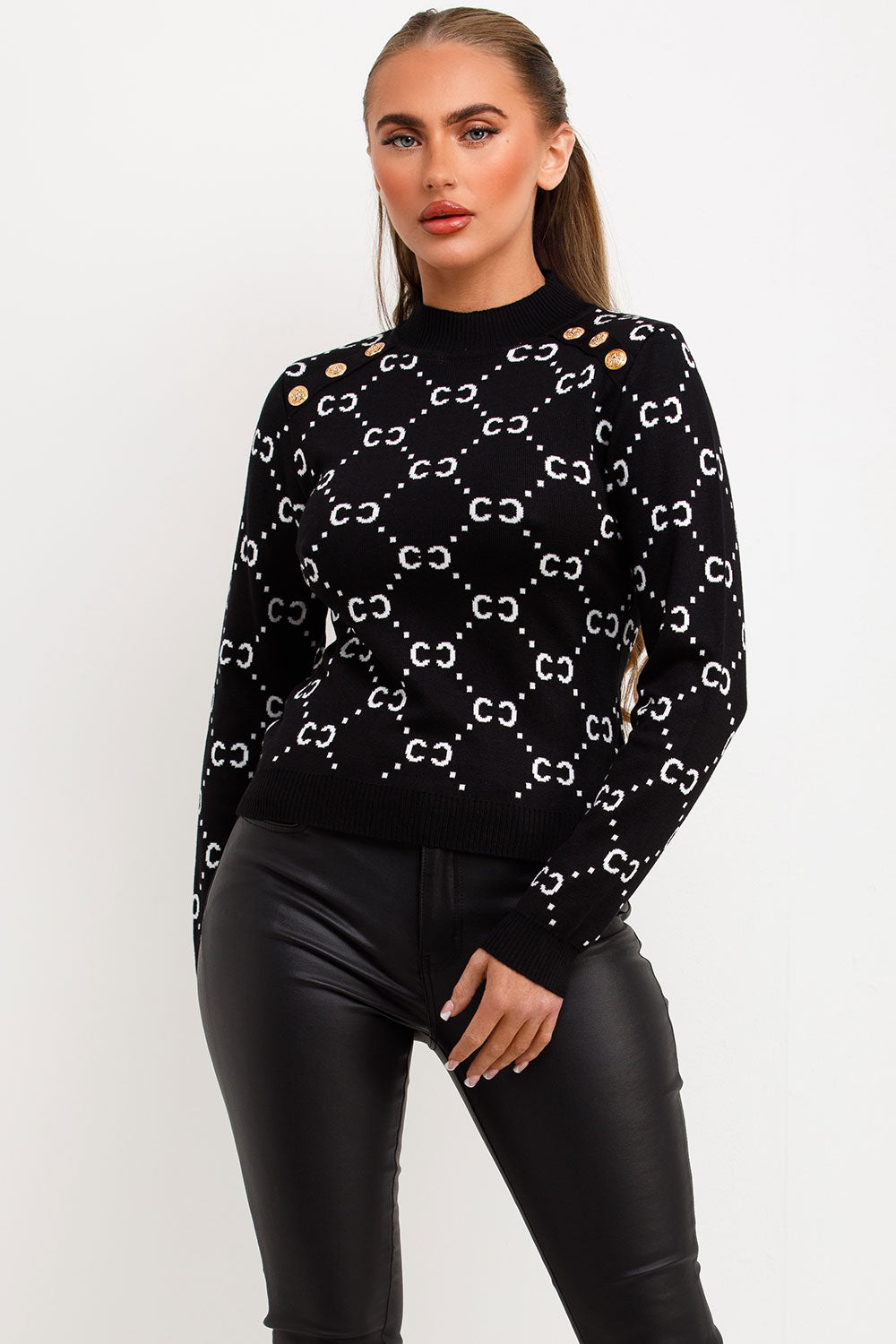 Black Knitted Jumper with Gold Button Cc Print | Xtralitty