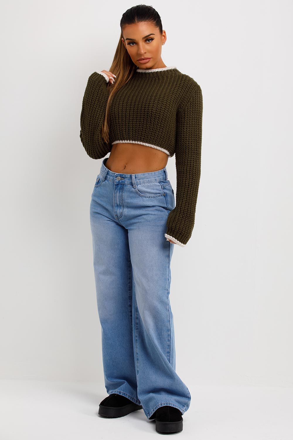 Khaki Long Sleeve Knitted Cropped Jumper | Xtralitty
