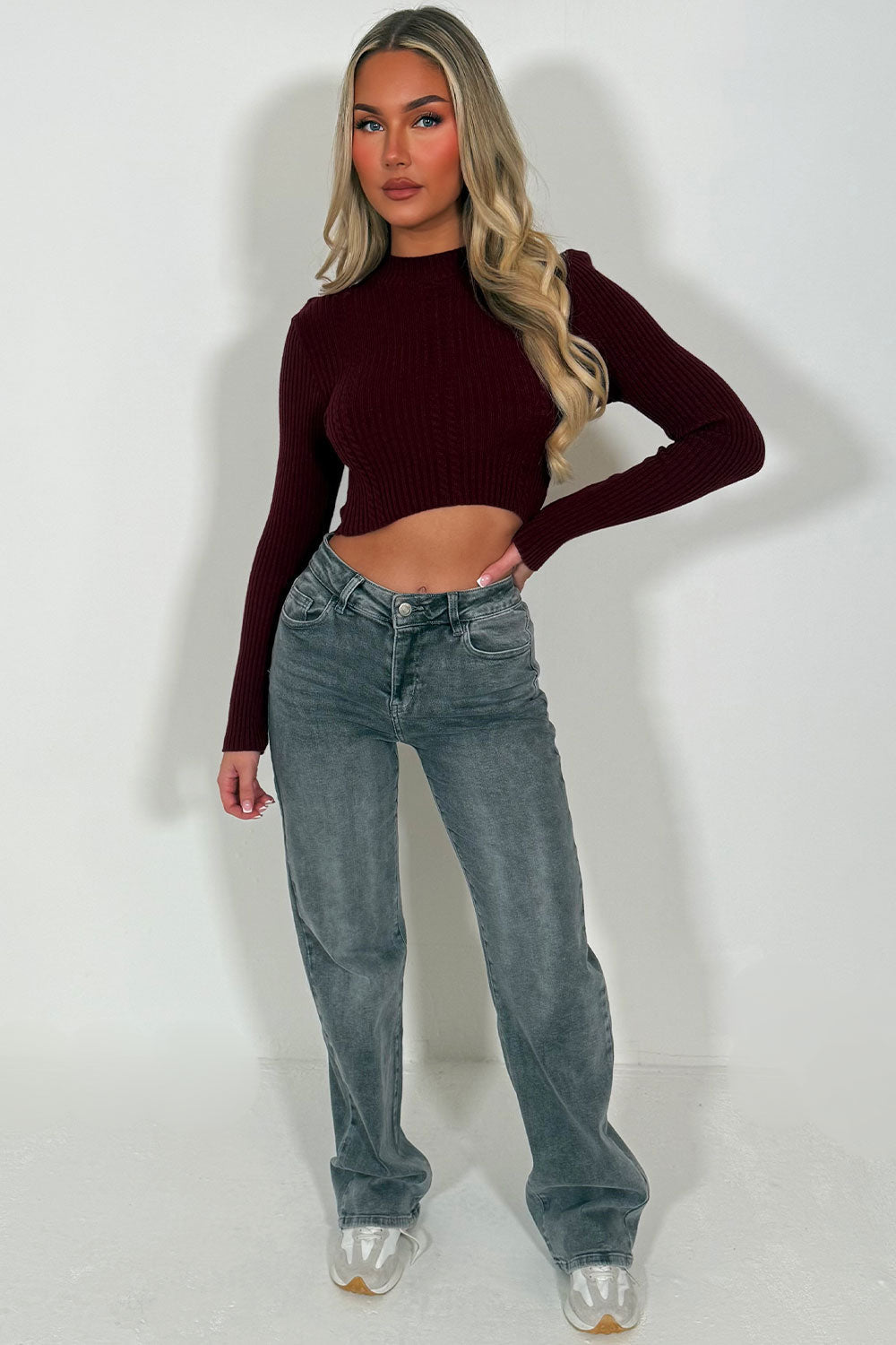 Crop Knitted Jumper with Long Sleeves Burgundy | Xtralitty