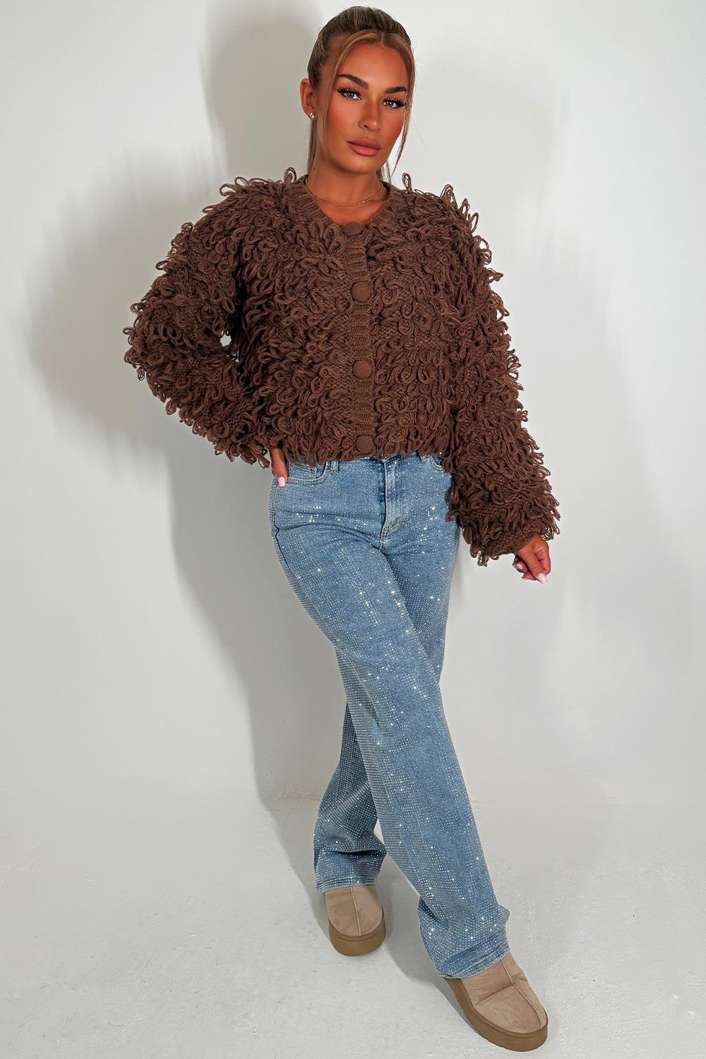 Knitted Cardigan Jumper with Shaggy Loop Fringe | Xtralitty