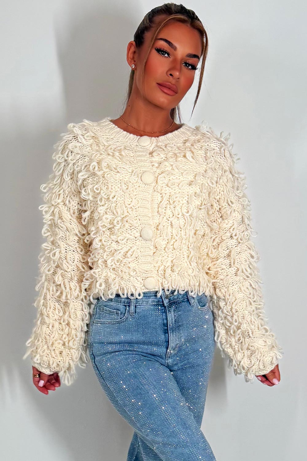 Knitted Cardigan Jumper with Shaggy Loop Fringe | Xtralitty