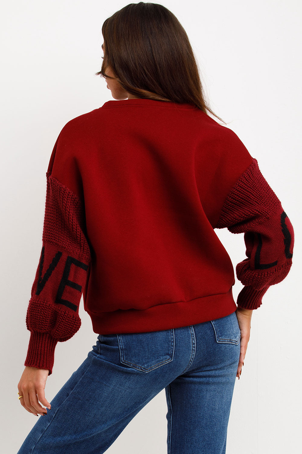 Jumper with Knitted Sleeves Love Slogan Burgundy | Xtralitty