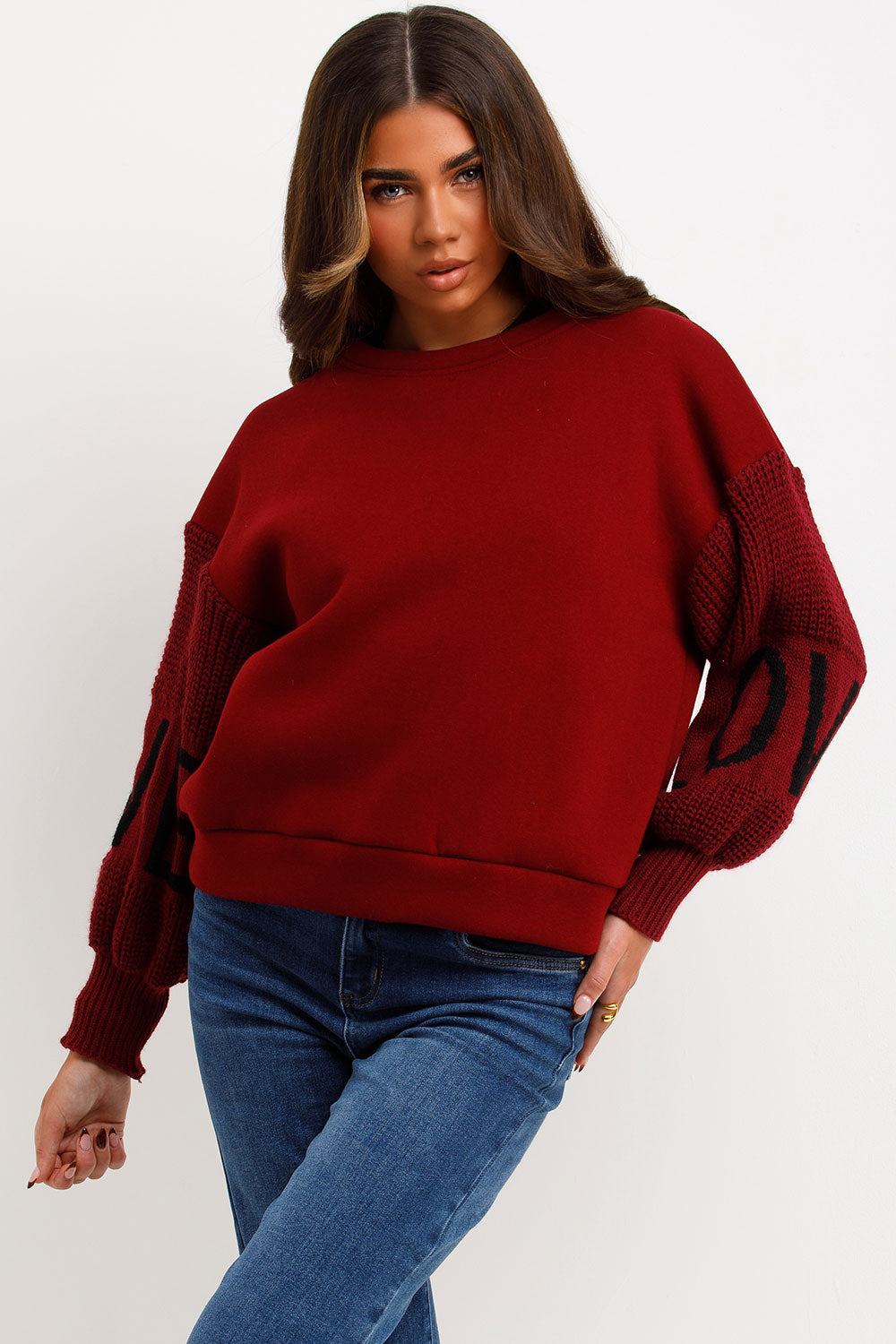 Jumper with Knitted Sleeves Love Slogan Burgundy | Xtralitty