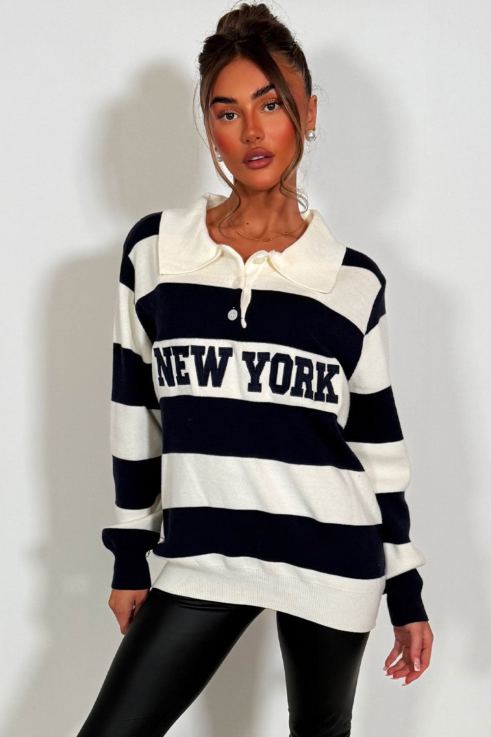 Knitted Stripy Jumper with New York Slogan Navy | Xtralitty