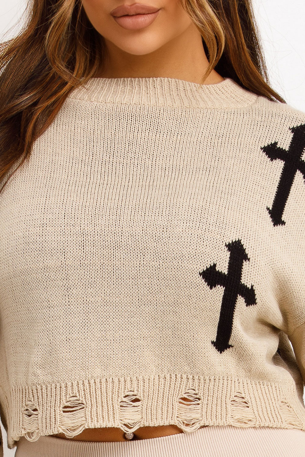 Knitted Jumper with Crosses Cropped Beige | Xtralitty