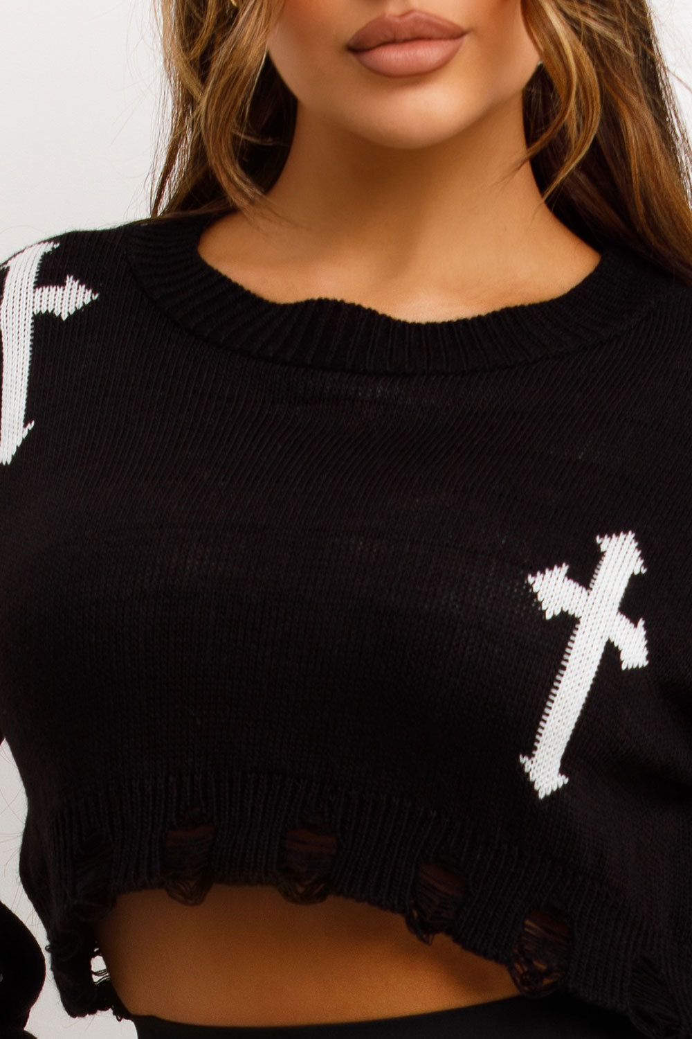 Knitted Jumper with Crosses Cropped Black | Xtralitty