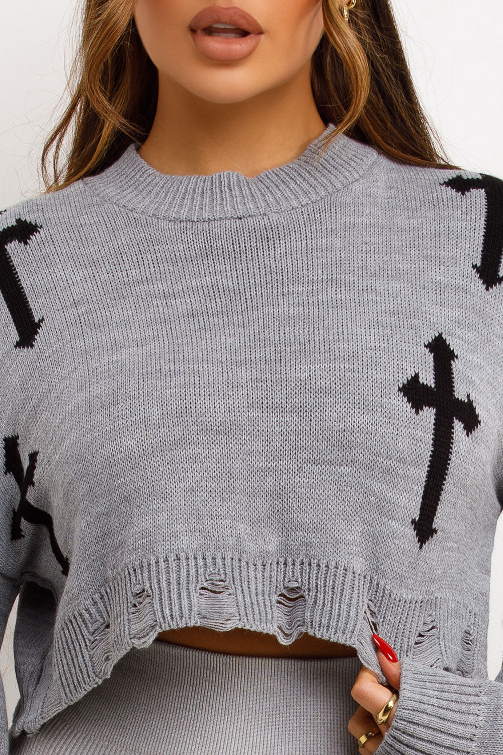Knitted Jumper with Crosses Cropped Grey | Xtralitty