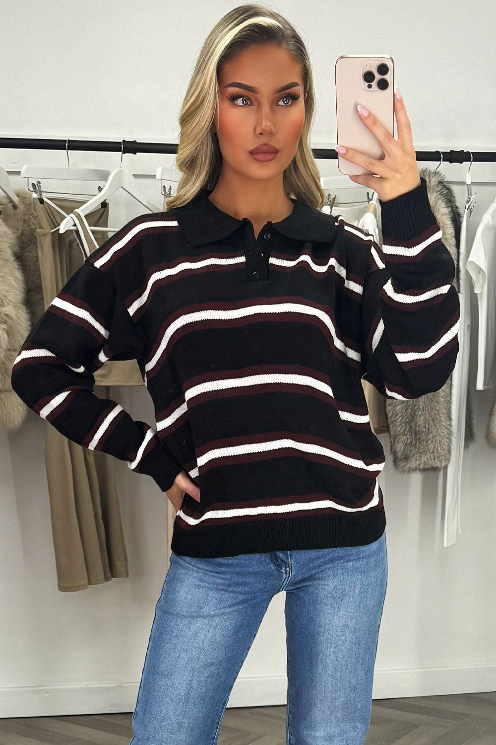 Stripe Knitted Rugby Polo Jumper Black Top | Xtralitty