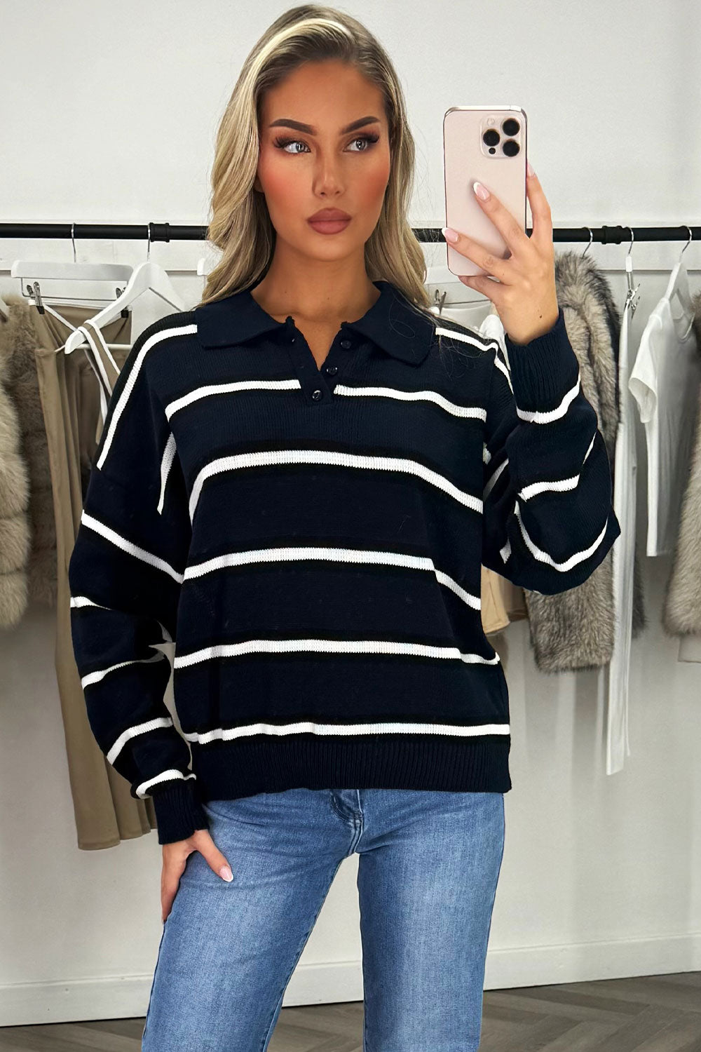 Stripe Knitted Rugby Polo Jumper Navy Top | Xtralitty
