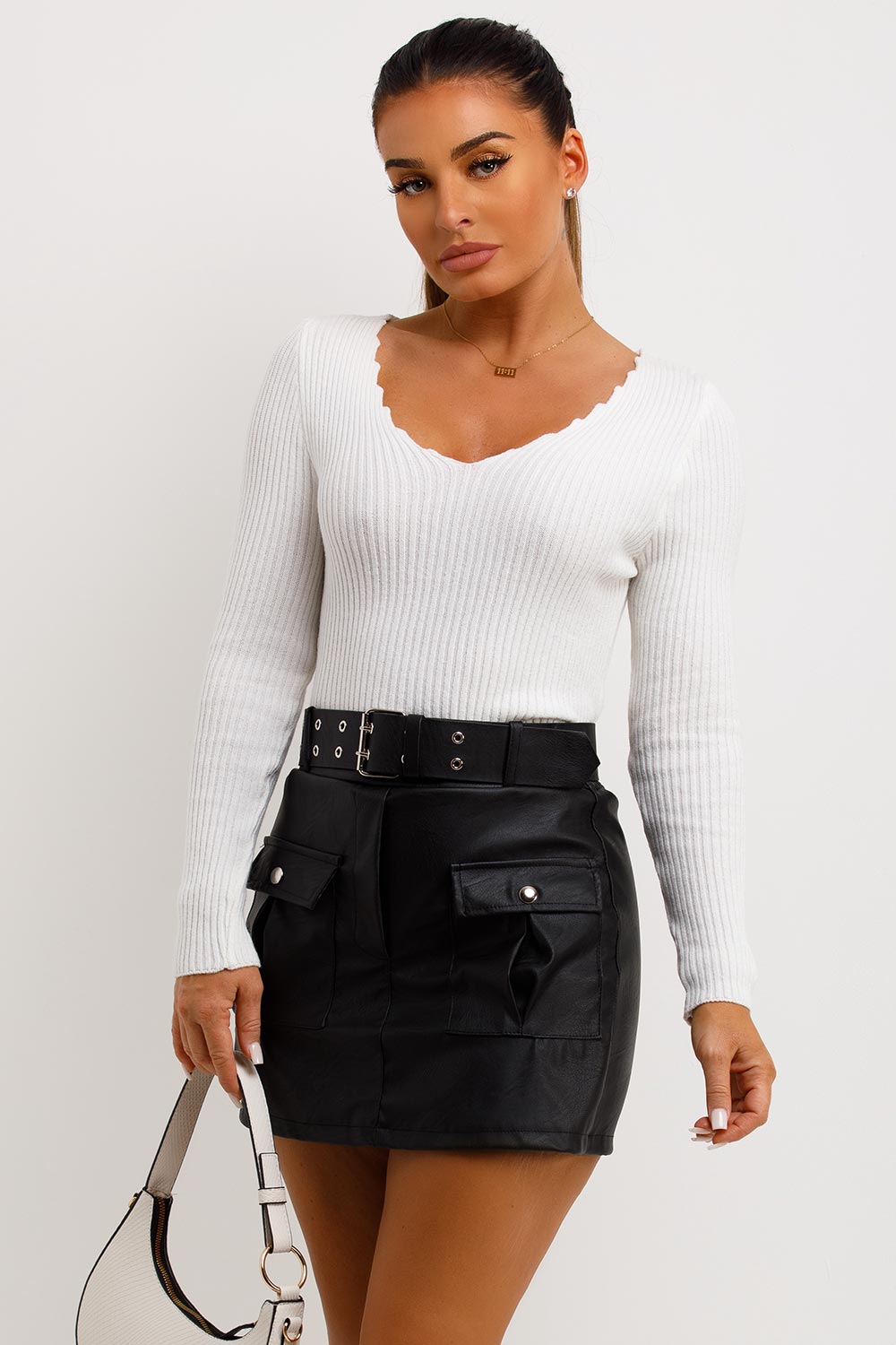 Rib Knitted V Neck Jumper with Long Sleeves Crea | Xtralitty