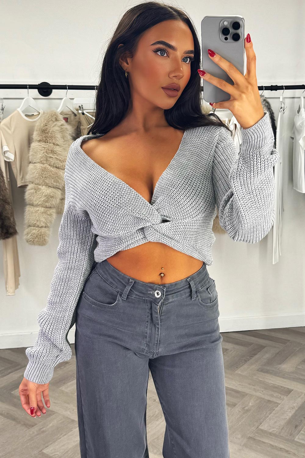 Knitted Jumper with Twist Front Grey | Xtralitty