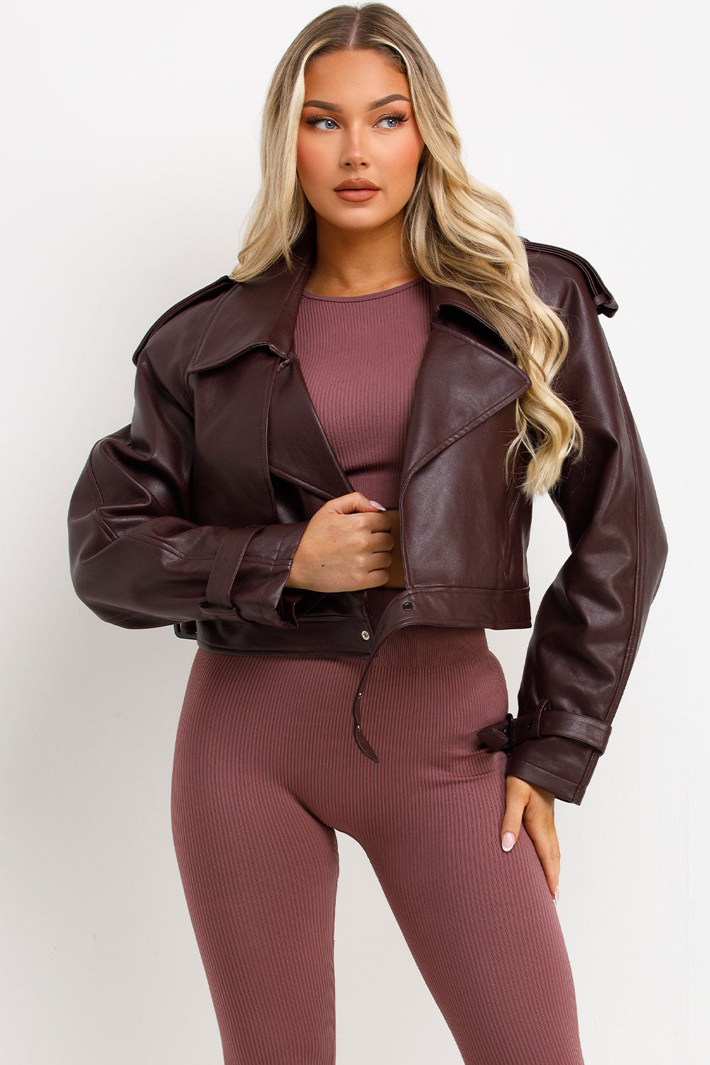 Burgundy Faux Leather Jacket with Tabs | Xtralitty