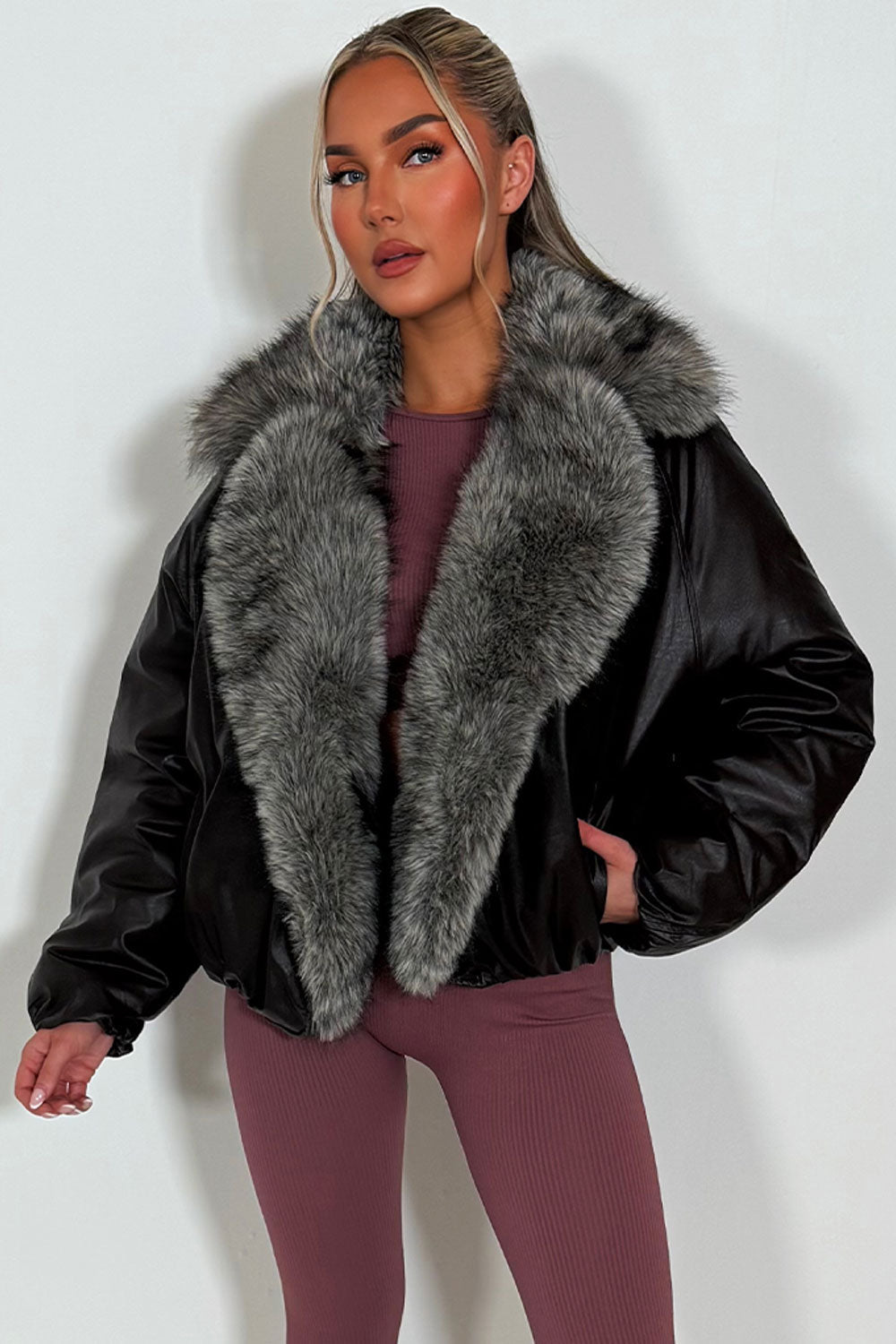 Brown Bomber Jacket with Faux Fur Collar and Tri | Xtralitty