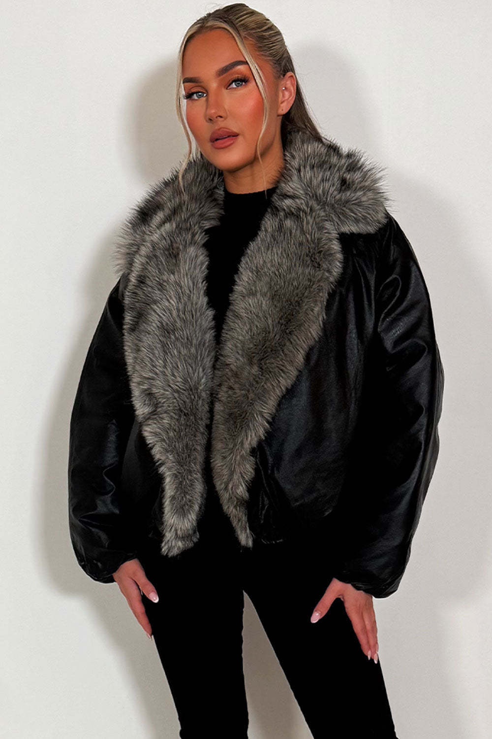 Black Bomber Jacket with Faux Fur Collar and Tri | Xtralitty