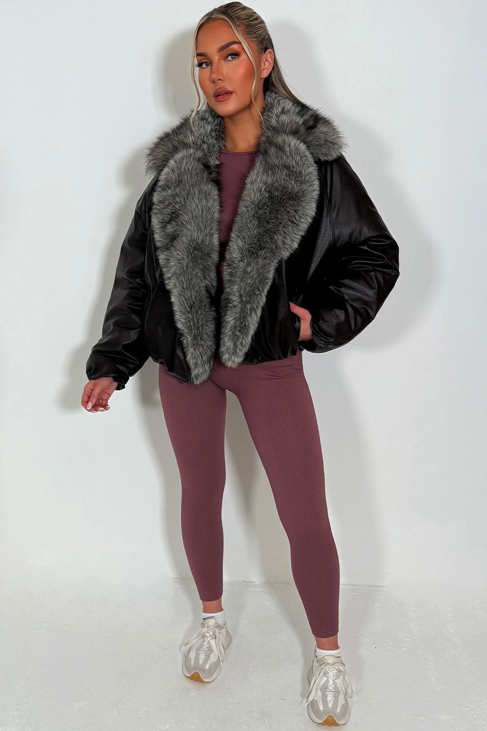 Brown Bomber Jacket with Faux Fur Collar and Tri | Xtralitty