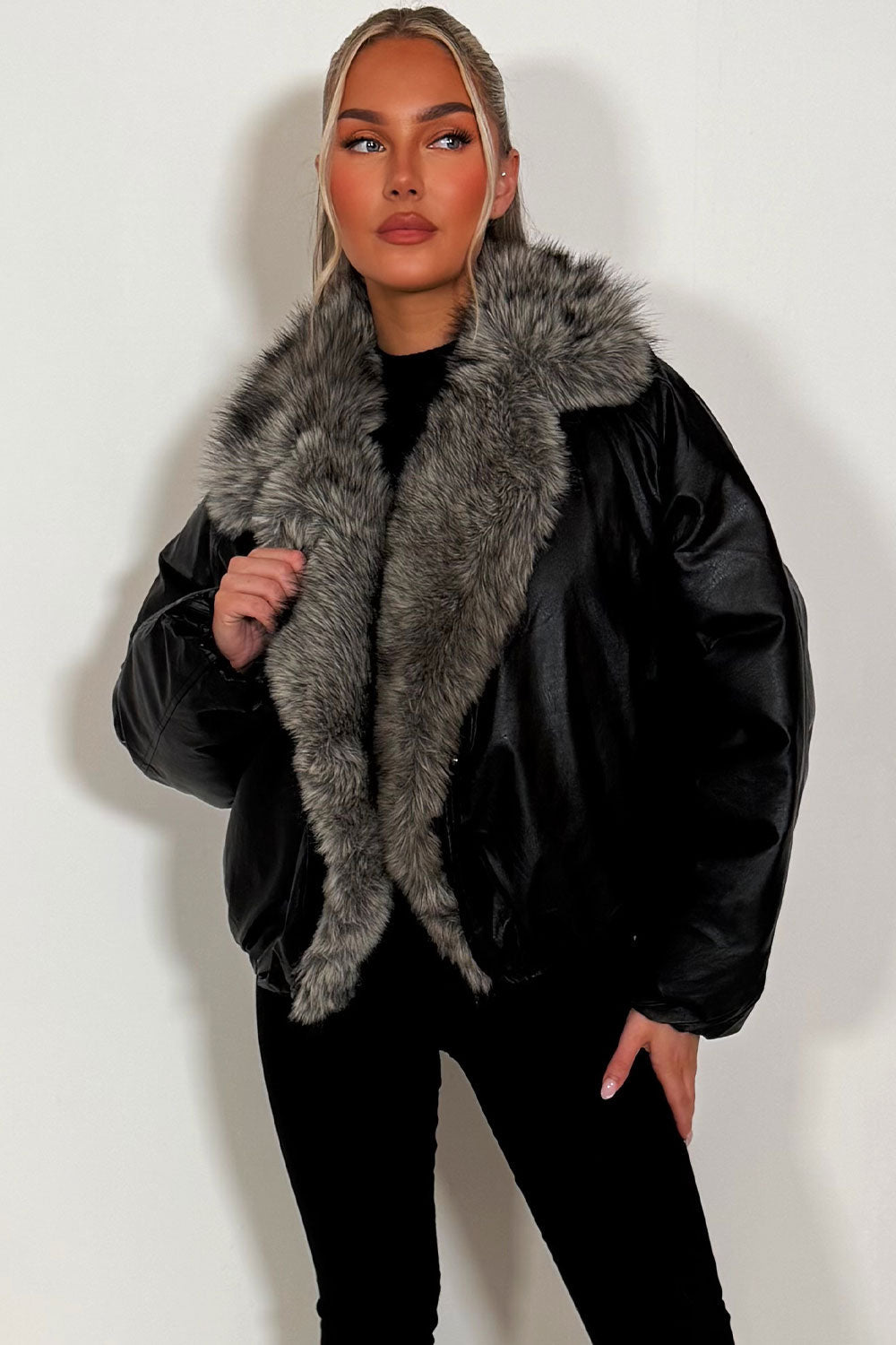 Black Bomber Jacket with Faux Fur Collar and Tri | Xtralitty