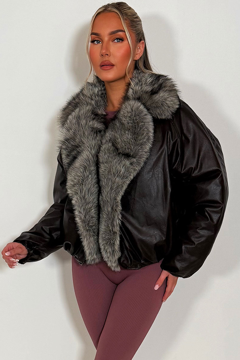 Brown Bomber Jacket with Faux Fur Collar and Tri | Xtralitty