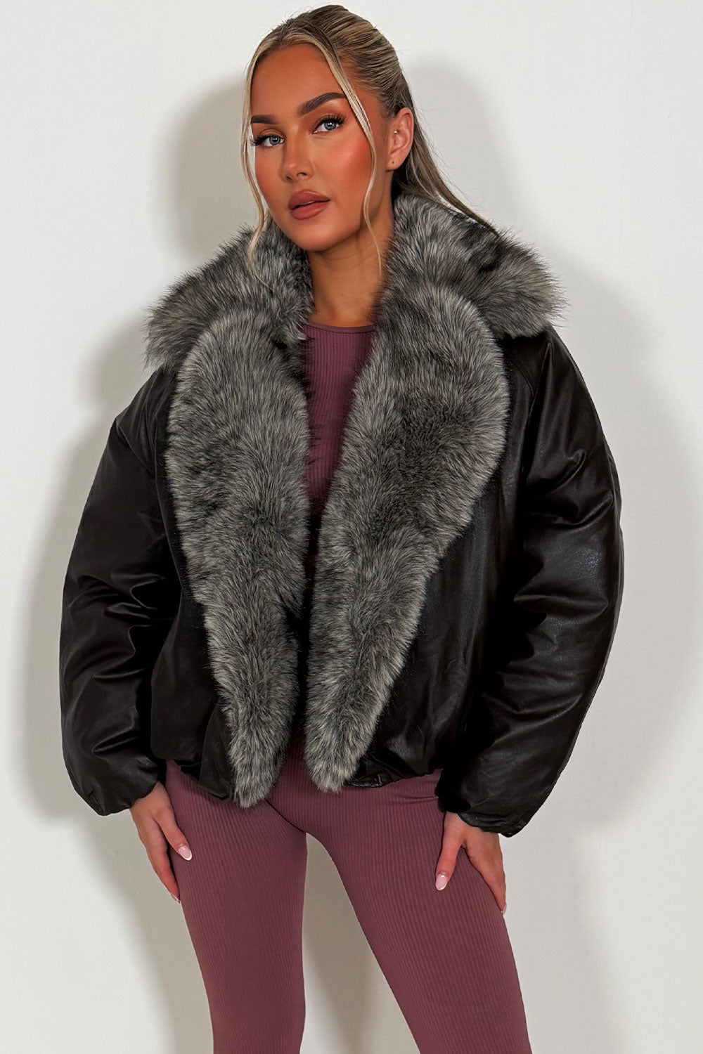 Brown Bomber Jacket with Faux Fur Collar and Tri | Xtralitty