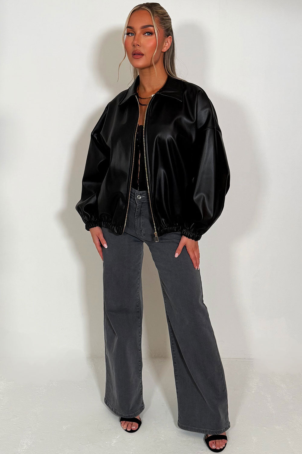 Black Faux Leather Bomber Jacket | Xtralitty