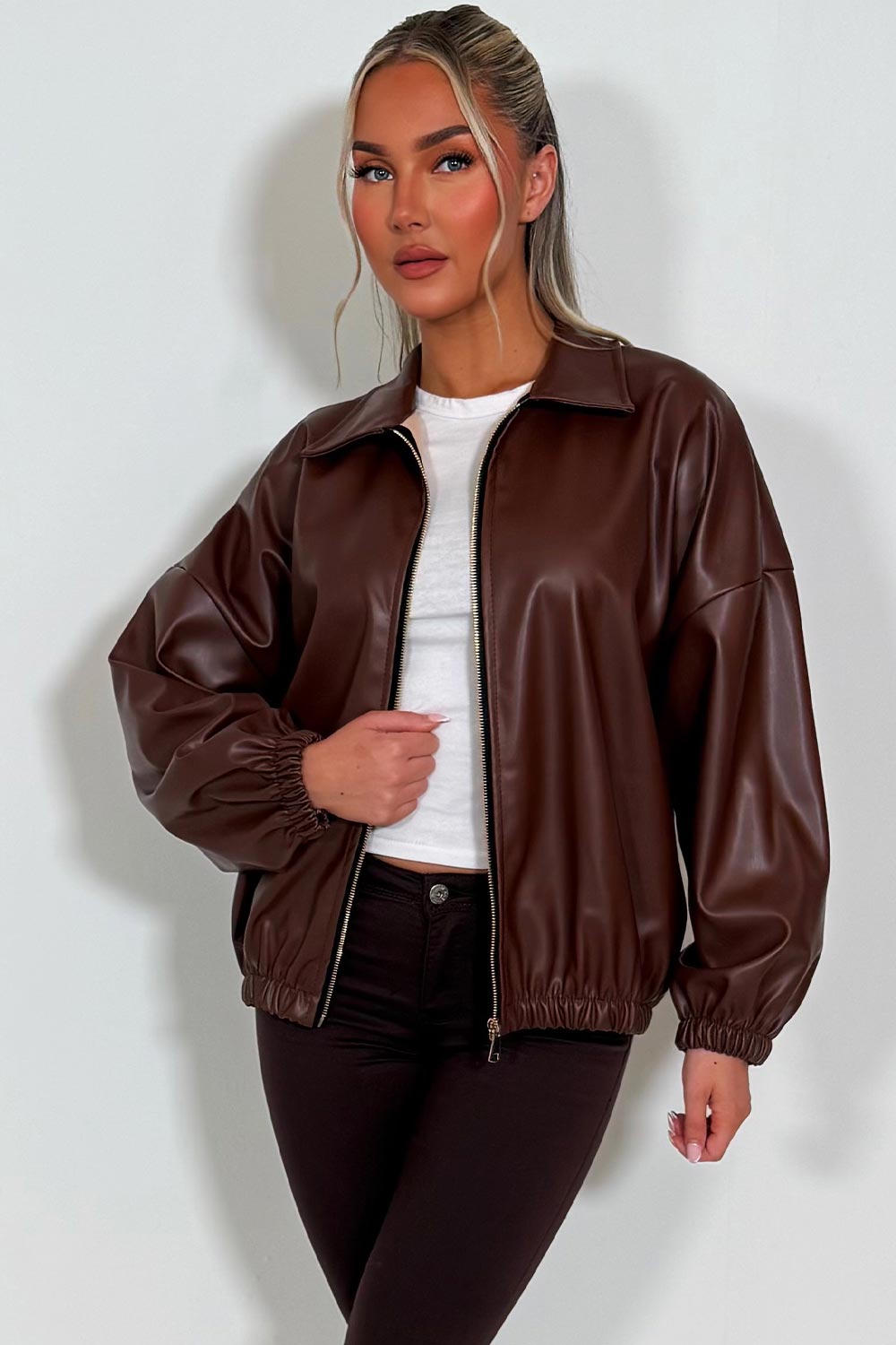Faux Leather Bomber Jacket Brown | Xtralitty