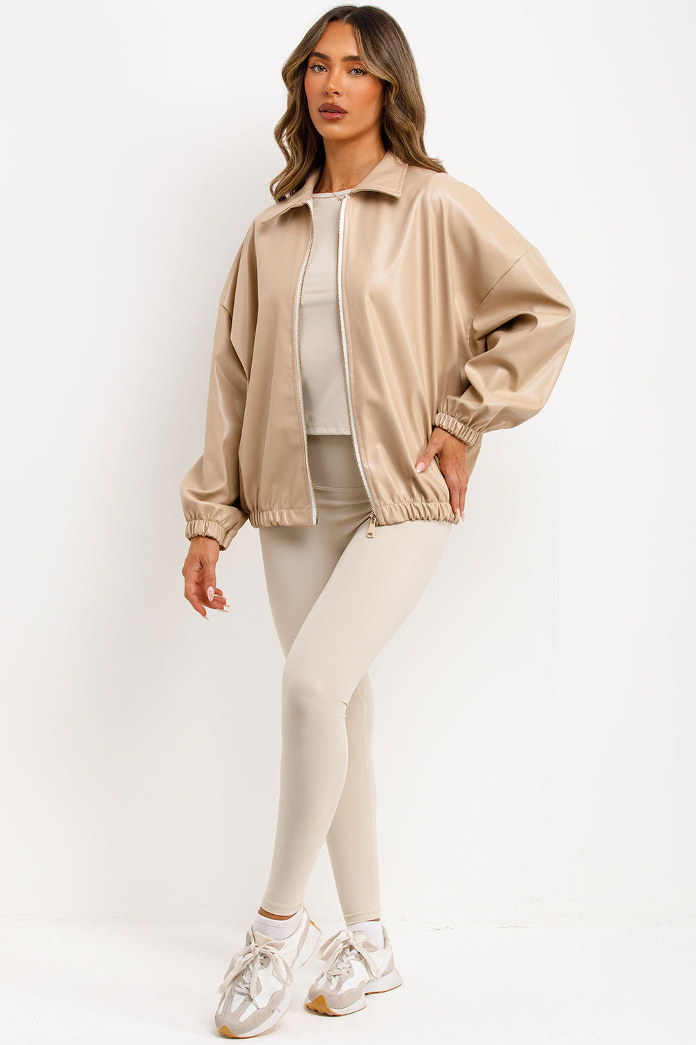 Faux Leather Bomber Jacket Beige | Xtralitty