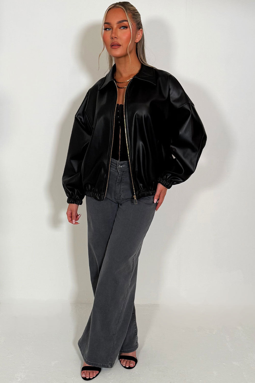 Black Faux Leather Bomber Jacket | Xtralitty
