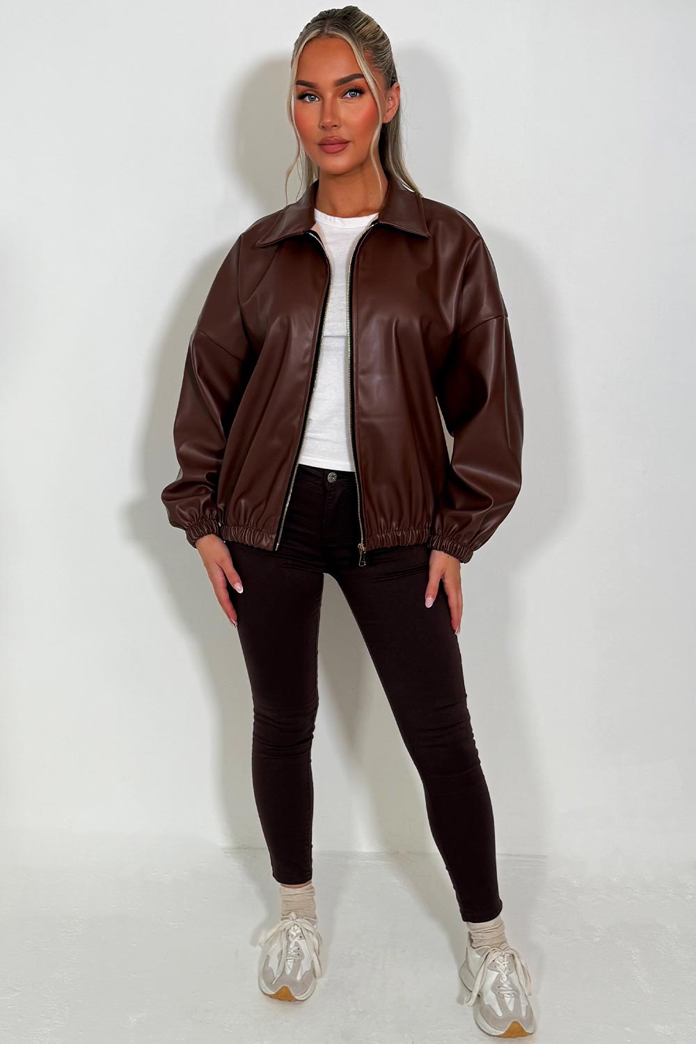 Faux Leather Bomber Jacket Brown | Xtralitty