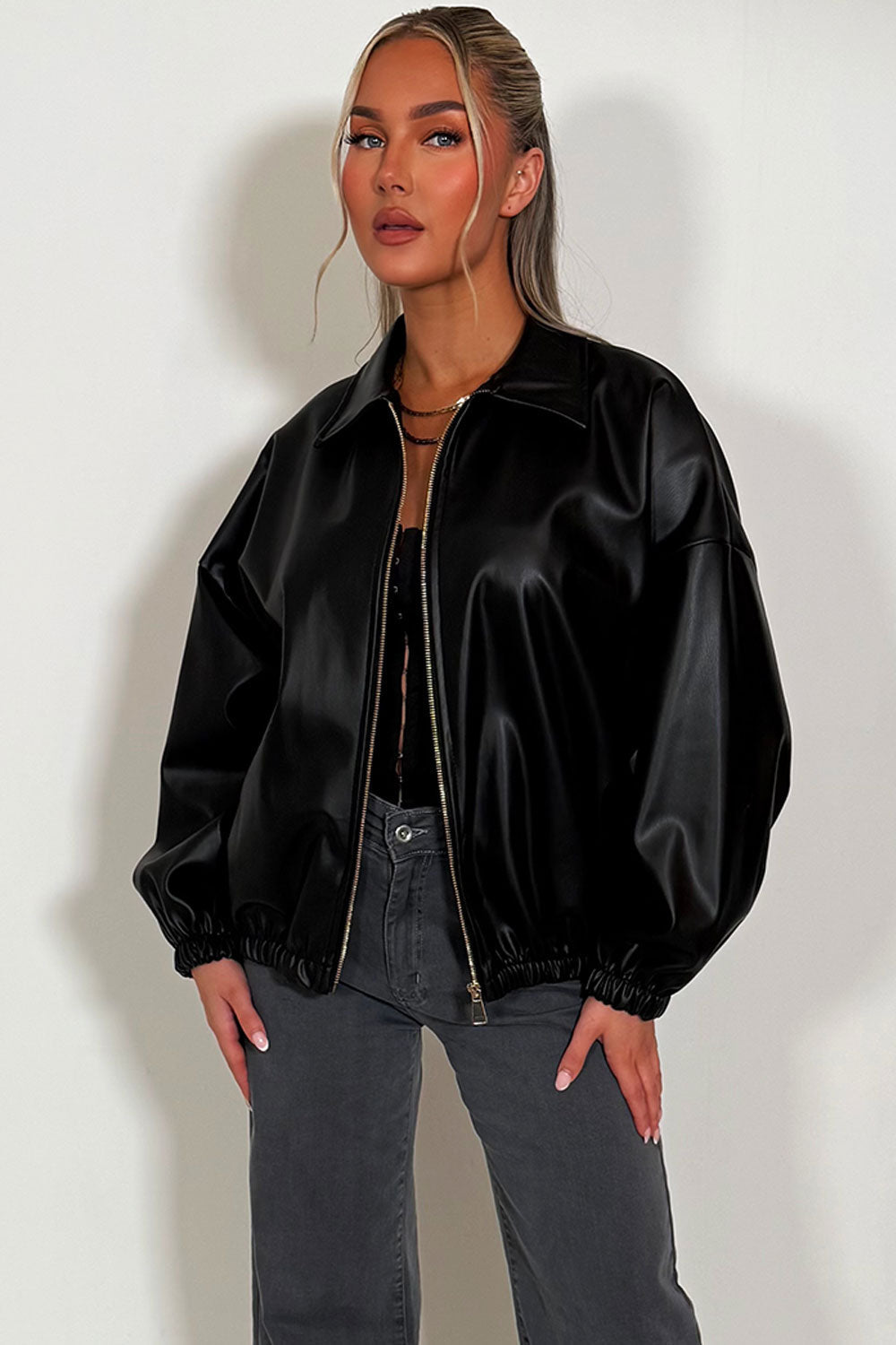 Black Faux Leather Bomber Jacket | Xtralitty