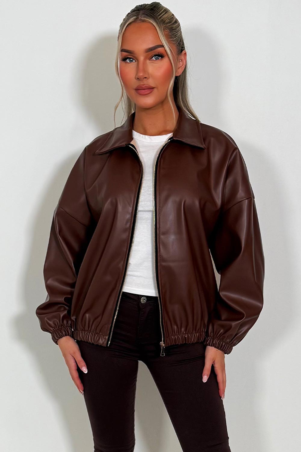Faux Leather Bomber Jacket Brown | Xtralitty