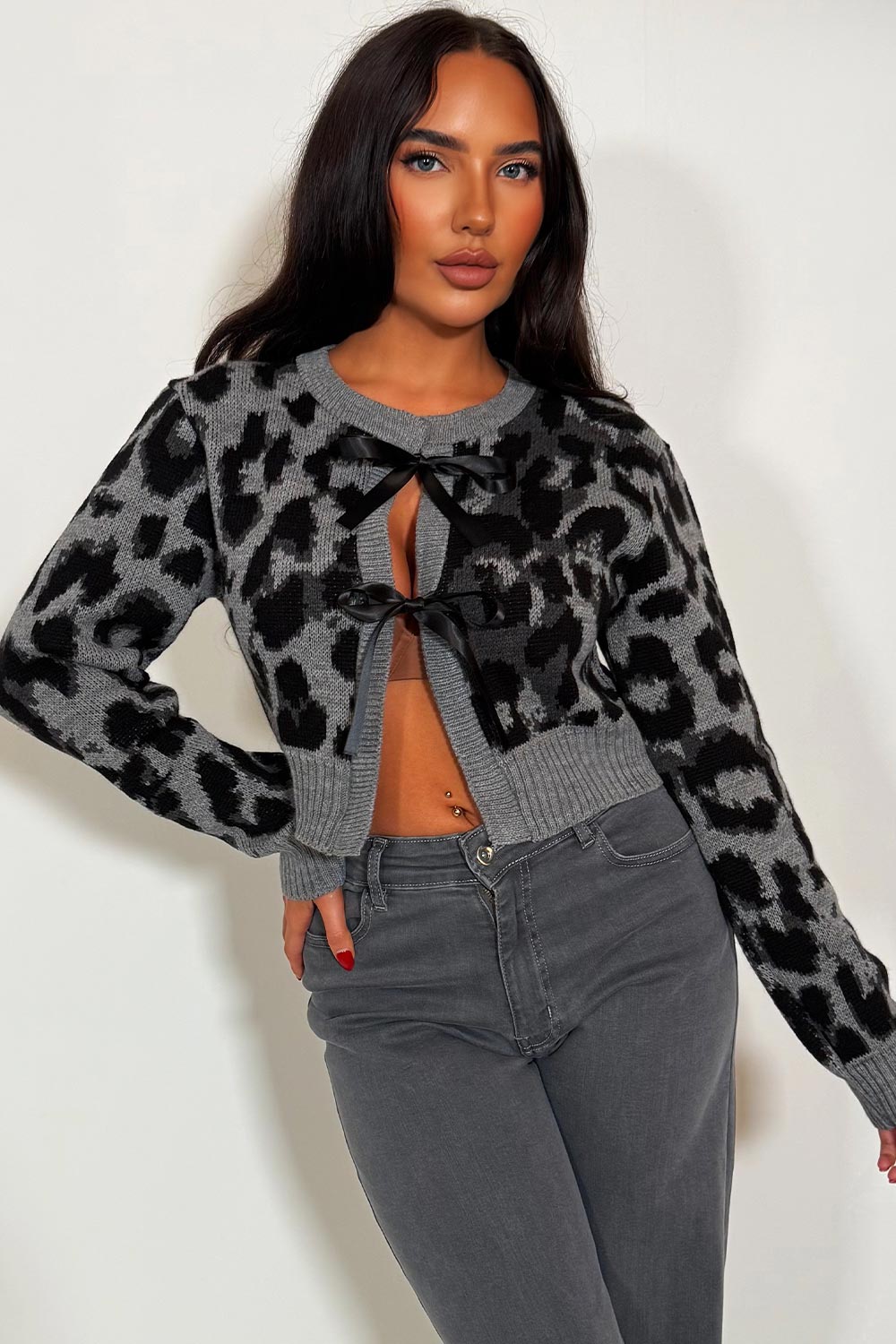 Leopard Cardigan with Bow Tie Detail Grey | Xtralitty