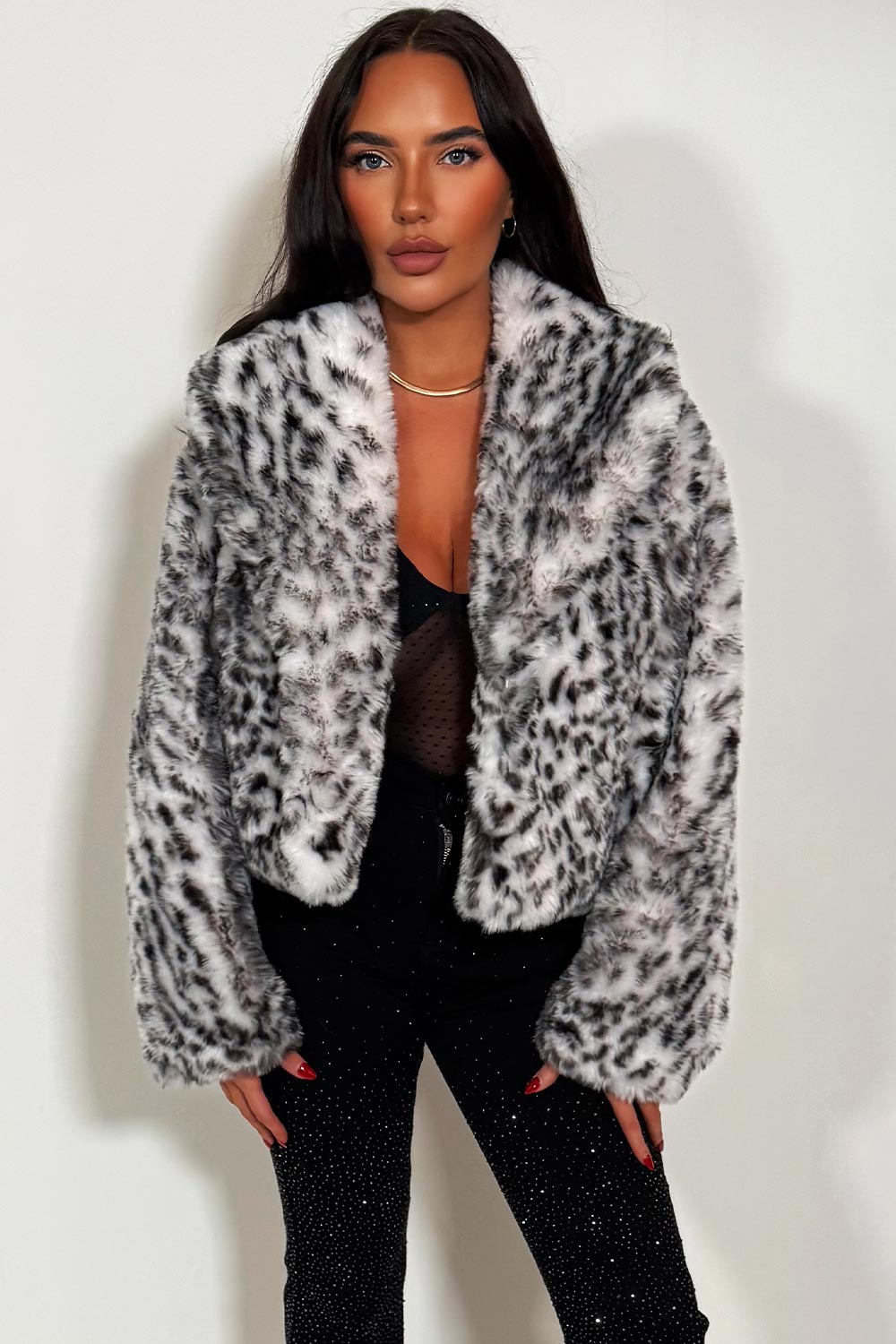 Shorts Faux Fur Jacket in White Leopard Print | Xtralitty