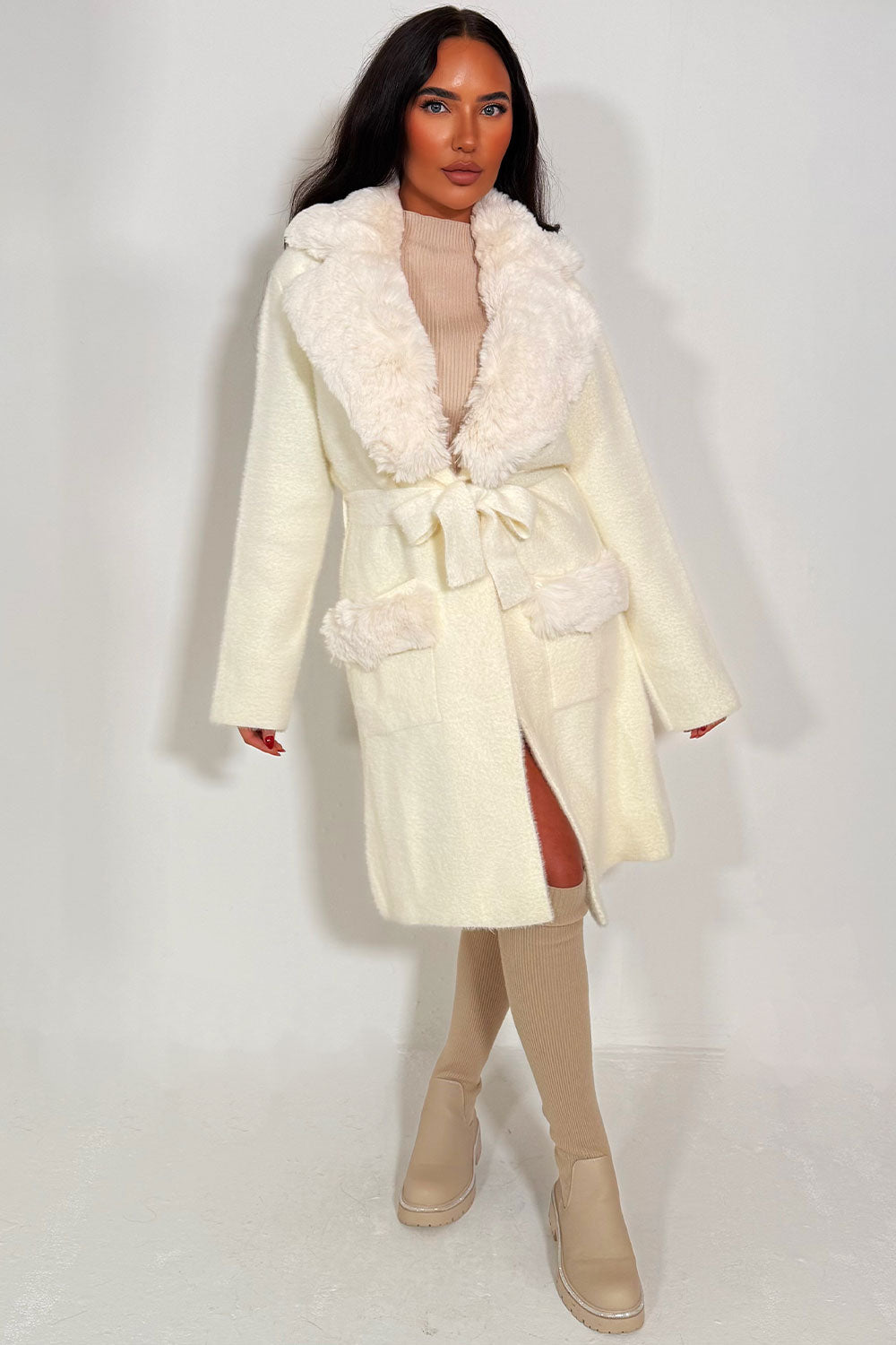 Faux Fur Collar Belted Coat with Faux Fur Cuff O | Xtralitty