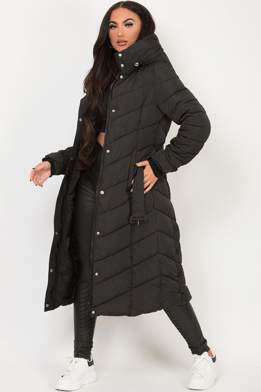 Long Padded Puffer Coat with Belt Black | Xtralitty