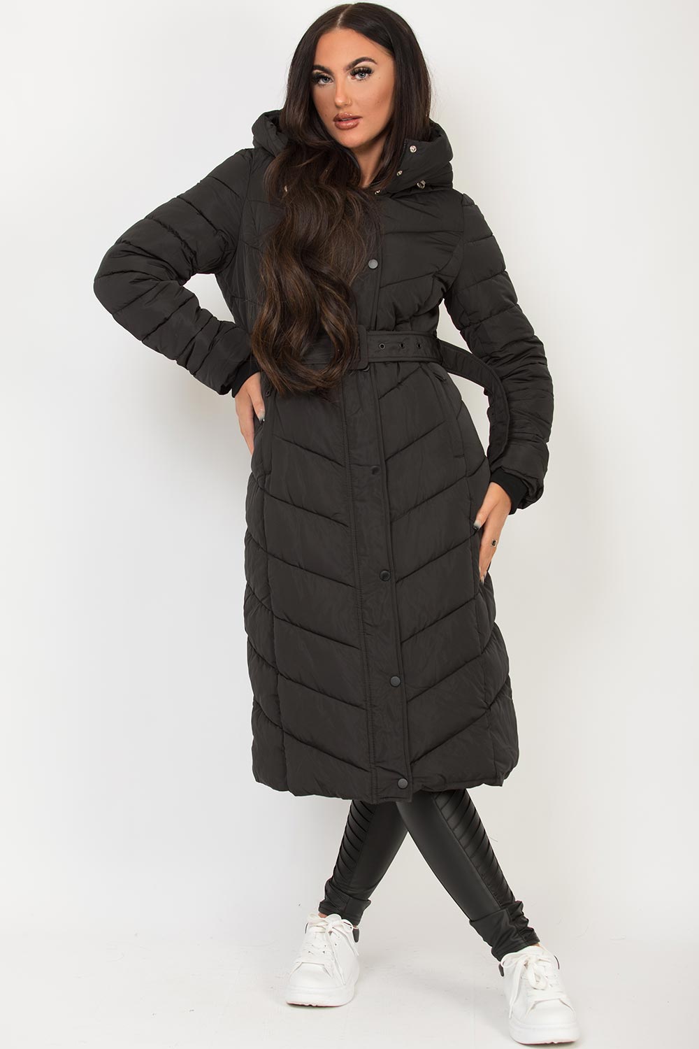 Long Padded Puffer Coat with Belt Black | Xtralitty