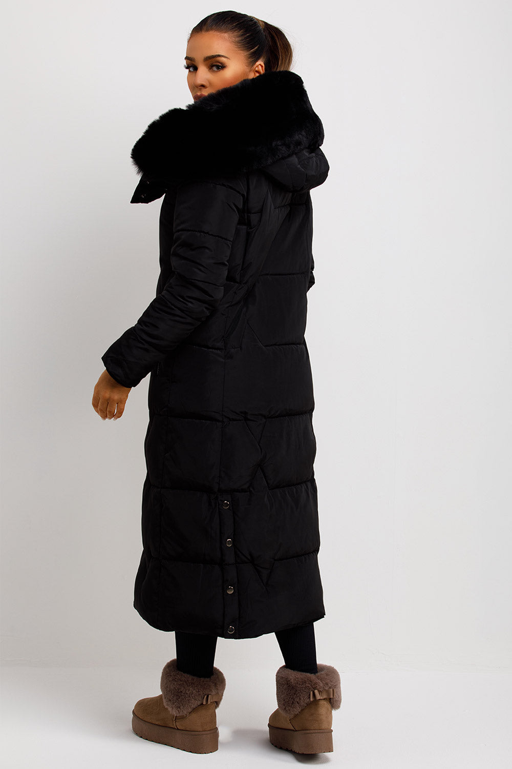 Long Puffer Padded Coat with Faux Fur Hood Black | Xtralitty
