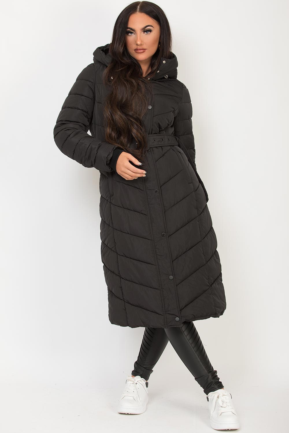 Long Padded Puffer Coat with Belt Black | Xtralitty