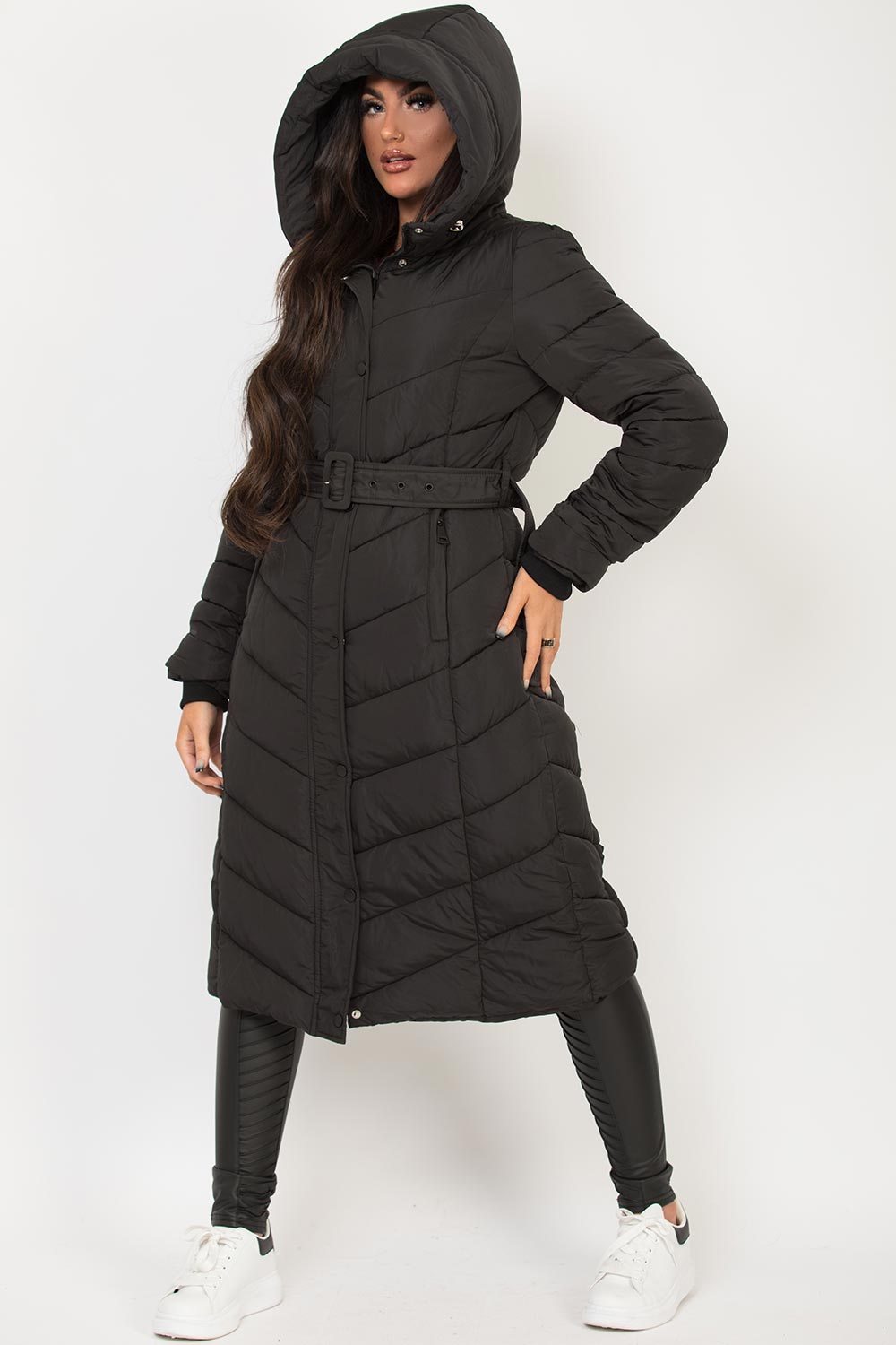 Long Padded Puffer Coat with Belt Black | Xtralitty