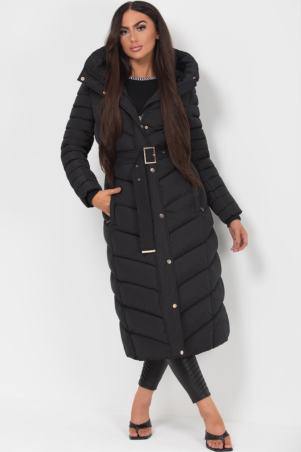 Long Puffer Down Coat with Belt Black | Xtralitty