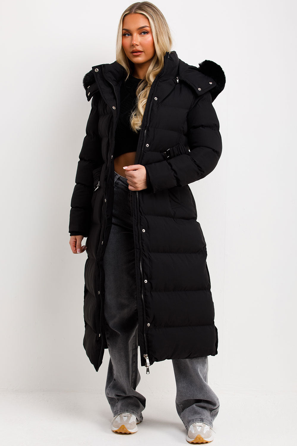 Long Puffer Coat with Faux Fur Hood and Belt Bla | Xtralitty