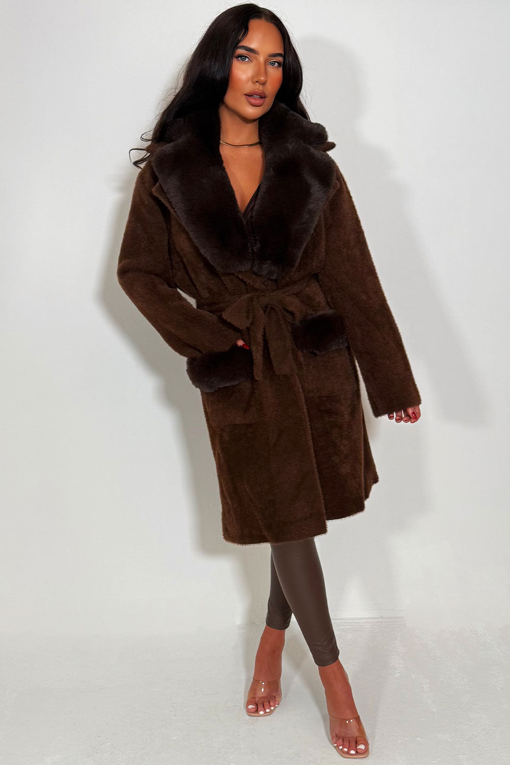 Faux Fur Collar Belted Coat with Faux Fur Cuff B | Xtralitty